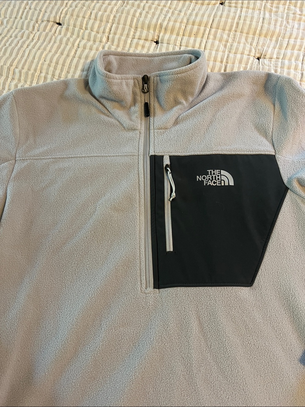 The North Face Light Gray Fleece Quarter-Zip with Black Chest Pocket - Picture 2 of 5